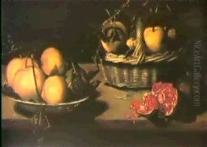 Nature Morte Avec Un Panier, Une Coupe De Fruits Et Une     Grenade Ouverte