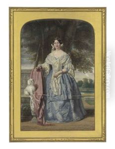 A Large Portrait Miniature Of A Lady (lady-in-waiting To Queen Victoria?), In A Landscape, In Lilac Silk Dress Embroidered With Flowers by Eduardo De Moira