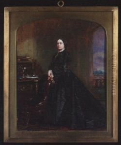 Mrs. Cole Wearing Black Dress, White Lace Collar And Cuffs, She Holds A Closed Fan In Her Right Hand, Interior Setting With Open Window...