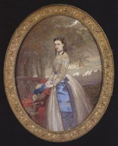 A Lady Weating White Dress Trimmed With White Lace, Blue Ribbon And Sash, Gold Pendant, Bracelet, Drop Pearl Earring And Blue Ribbon In Her Hair...