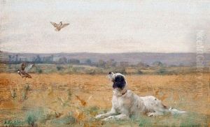 A Springer Spaniel In A Field With Partridges In Flight