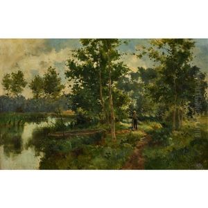 Sonnige Flusspartie Mit Angler Und Boot