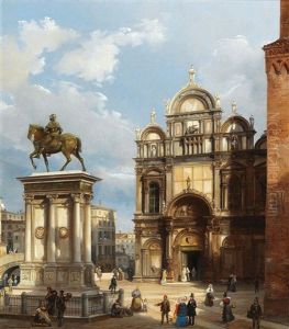 The Campo Santi Giovanni E Paolo In Venice With The Equestrian Monument To Bartolomeo Colleoni And The Scuola Grande Di San Marco In The Background by Federico Moja