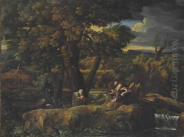 An Extensive River Landscape With Saint Jerome And A Group Of Monks - view 1
