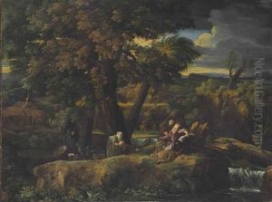 An Extensive River Landscape With Saint Jerome And A Group Of Monks by Pier Francesco Mola