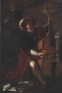 A Musician In A Plumed Hat Playing A Viola Da Gamba by Pier Francesco Mola