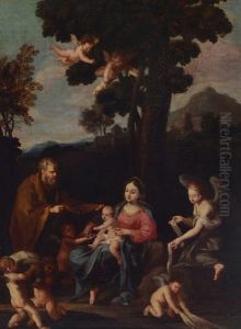 Infant Jesus, Mary, Winged Angel And Cherubs by Pier Francesco Mola