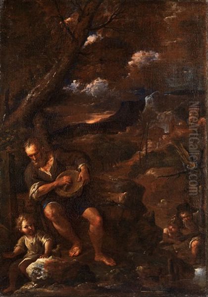 Alter Korbflechter In Abendlicher Landschaft Von Kindern Umgeben - view 1