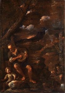 Alter Korbflechter In Abendlicher Landschaft Von Kindern Umgeben