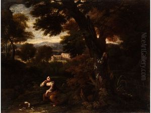 Baumlandschaft Mit Jungem Madchen An Einer Waldlichtung Mit Hundchen Baumlandschaft Mit Jungem Madchen An Einer Waldlichtung Mit Hundchen