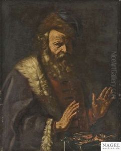 Allegorie Des Winters. Ein Alter Mann Warmt Sich An Einem Kohlenbecken