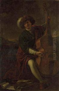 A Musician In A Green Coat, A Red Cloak, White Stockings And A Plumed Hat, Playing A Viola Da Gamba, In An Extensive Mountainous Landscape by Pier Francesco Mola
