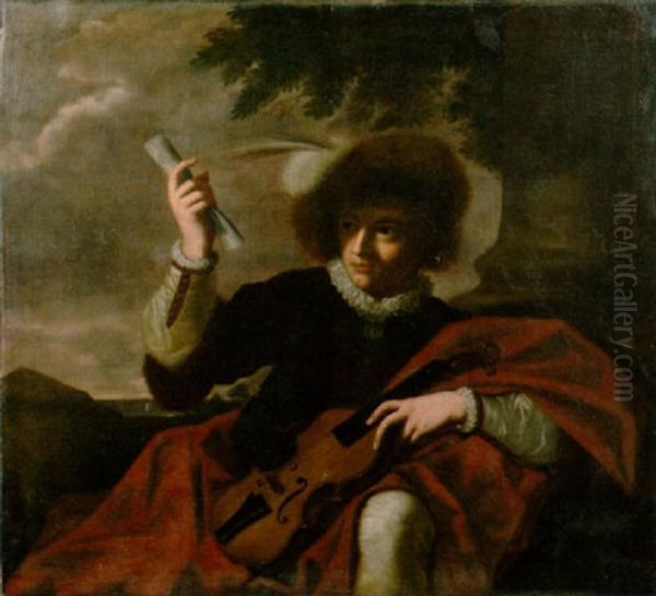 A Youth Holding A Violin And Scroll Of Music - view 1
