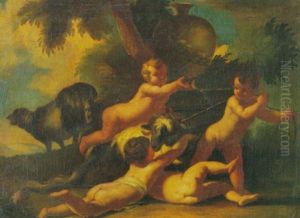 Landschaftt Mit Putten Und Tieren by Pier Francesco Mola