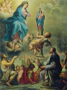 An Angel Presenting A Statue Of The Madonna And Child To The Madonna With John The Baptist And Other Saints by Pier Francesco Mola