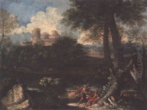 An Italianate River Landscape With Mercury Handing Paris The Apple Of Discord