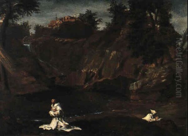 Landschaft Mit Wasserfall Und Kloster, Im Vordergrund Zwei Betende Monche - view 1