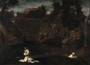 Landschaft Mit Wasserfall Und Kloster, Im Vordergrund Zwei Betende Monche by Pier Francesco Mola