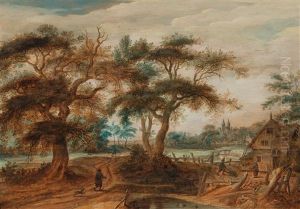A Landscape With A Farmhouse And Travellers by Mattheus Molanus