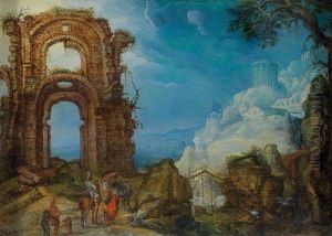 A Landscape With Roman Ruins And A Temple On A Hill by Mattheus Molanus