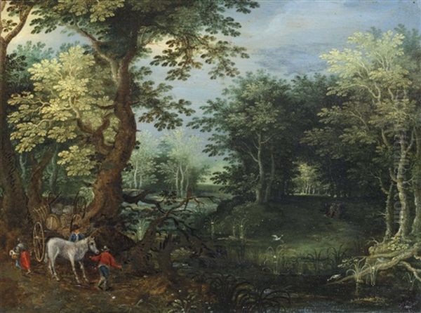 A Wooded Landscape With Travellers And A Horse Drawn Wagon By A Pond - view 1