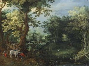 A Wooded Landscape With Travellers And A Horse Drawn Wagon By A Pond by Mattheus Molanus