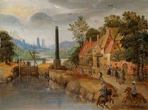 Eine Reich Staffierte Dorfansicht Mit Einem Kanal Und Einer Schleuse