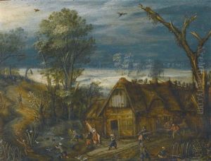 A Landscape With Soldiers Fighting Outside A House by Mattheus Molanus