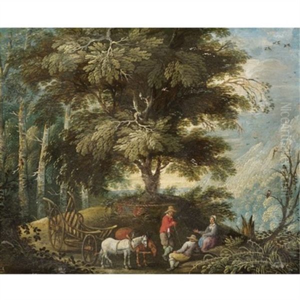 A Mountainous Landscape With Figures Resting On A Path Beside A Wagon - view 1