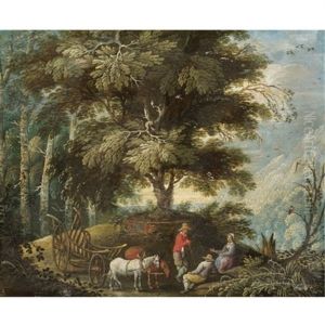 A Mountainous Landscape With Figures Resting On A Path Beside A Wagon by Mattheus Molanus