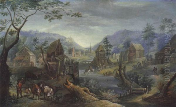 Gebirgige Flusslandschaft Mit Hirten Und Herde - view 1