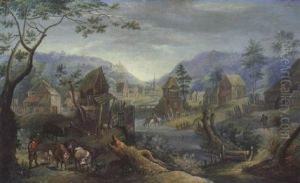 Gebirgige Flusslandschaft Mit Hirten Und Herde