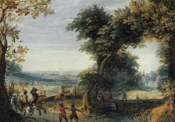 A Wooded Landscape With A Cavalry Skirmish, A City Beyond - view 1