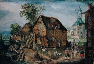 A Village Scene With A Horseman And Farmyard Animals By A River