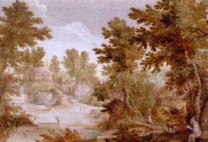 A Wooded Landscape With A Hermit At His Devotions In The Foreground, Other Figures Beside A River And A Chapel Beyond