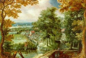 Waldlandschaft Mit Einem Blick Auf Ein Wiesental Und Ein Fernes Dorf by Mattheus Molanus