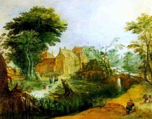 Blick Auf Ein Dorf An Einem Flus, Im Vordergrund Heimkehrende Jager Und Hirten by Mattheus Molanus