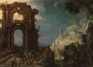 A Rocky River Landscape With Travellers And Beggars By Arch
