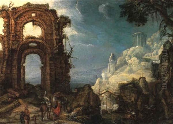 A Rocky River Landscape With A Knight And Beggars Standing By Ruins - view 1