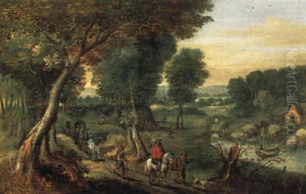 Ein Waldweg Mit Planwagen, Reiter Und Reisenden - view 1