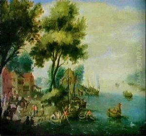 Ein Dorf An Einem Fluss Mit Reitern Und Booten by Mattheus Molanus