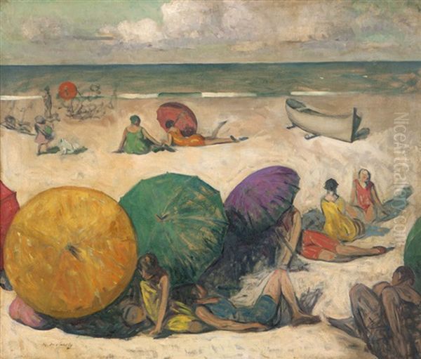 Figures With Umbrellas On A Beach - view 1