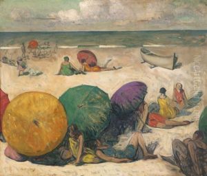 Figures With Umbrellas On A Beach