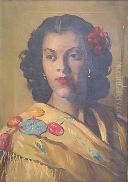 Portrait Of A Gypsy Woman Wearing A Colored Shawl And A Red Flower In Her Hair - view 1