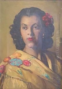 Portrait Of A Gypsy Woman Wearing A Colored Shawl And A Red Flower In Her Hair