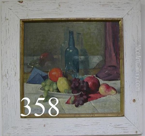 Still Life With Wine Bottle And Fruit On Table Top - view 1