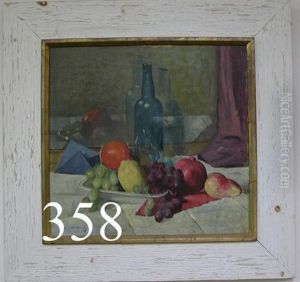 Still Life With Wine Bottle And Fruit On Table Top by Maurice, Morris Molarsky