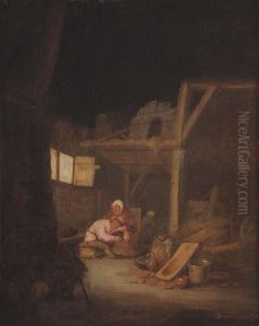 A Barn Interior With A Peasant Woman Delousing A Man