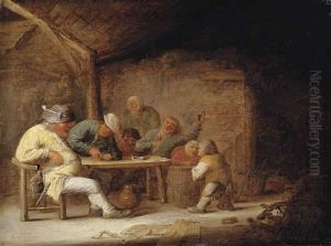 Figures Drinking And Smoking In A Barn