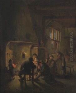 A Tavern Interior With Figures Gathered Around A Fire by Bartholomeus Molenaer